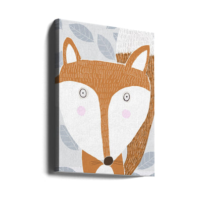 Cute Red Fox with Grey Leaf Pattern by Artist Carla Daly - Stretched Canvas, Poster or Fine Art Print I Heart Wall Art