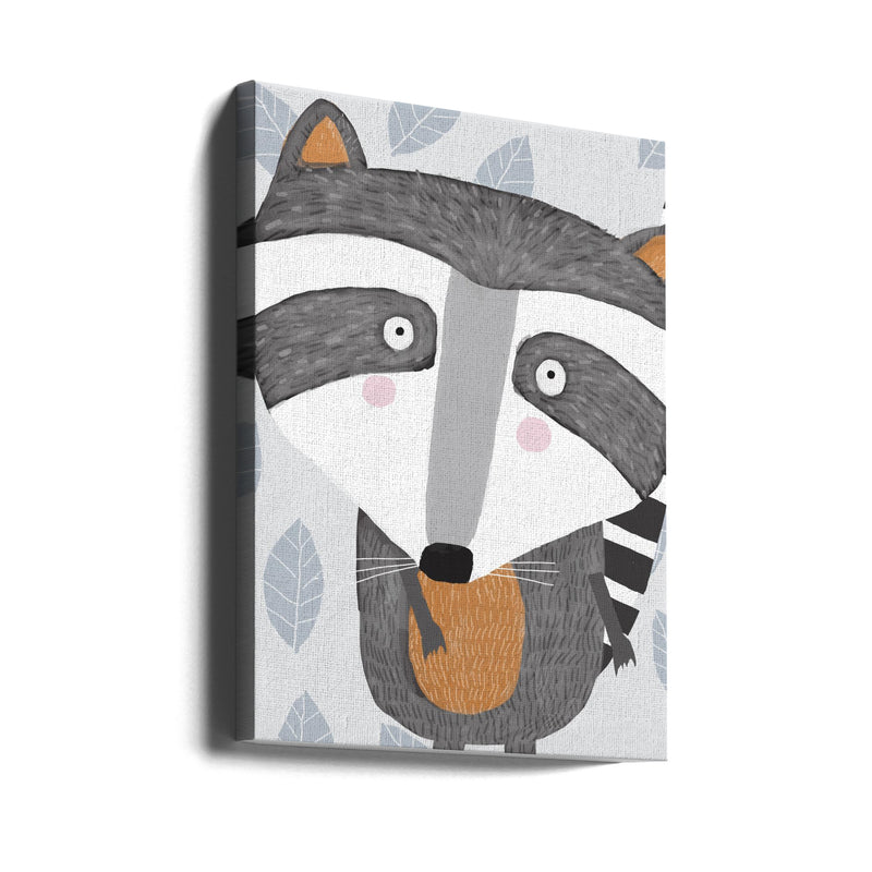 Cute Raccoon with Grey Leaf Pattern by Artist Carla Daly - Stretched Canvas, Poster or Fine Art Print I Heart Wall Art