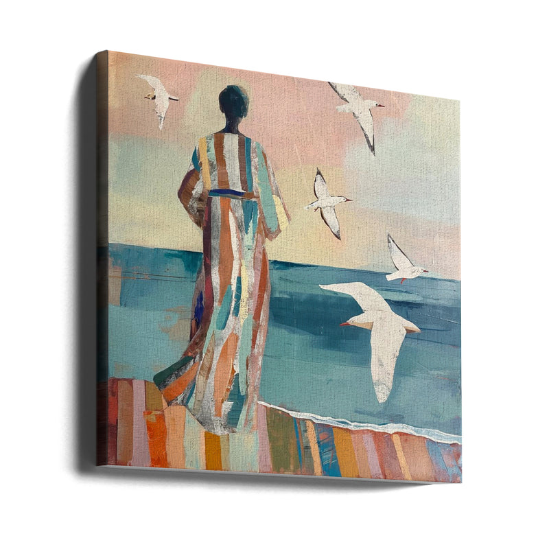 Woman and Seagull - Square Stretched Canvas, Poster or Fine Art Print I Heart Wall Art