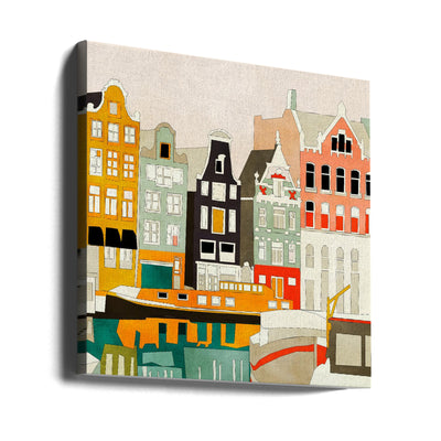 Amsterdam houses with ships, view 1 - Square Stretched Canvas, Poster or Fine Art Print I Heart Wall Art