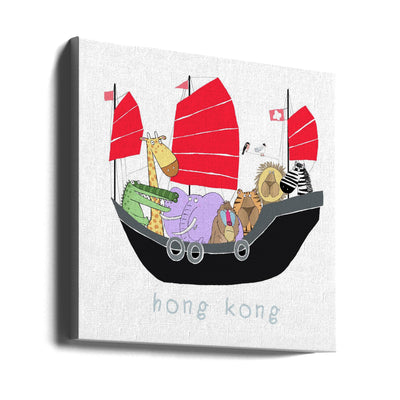 Jungle Animals Travelling in a Junk Boat in Hong Kong by Carla Daly - Square Stretched Canvas, Poster or Fine Art Print I Heart Wall Art