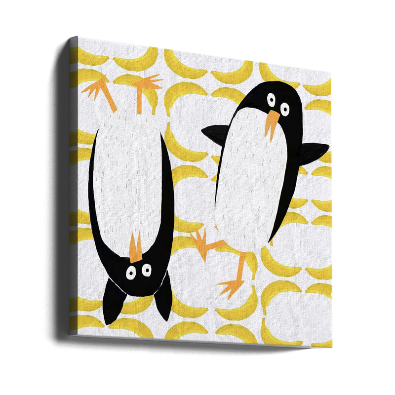 Funny Penguins with Banana Pattern Background by Carla Daly - Square Stretched Canvas, Poster or Fine Art Print I Heart Wall Art