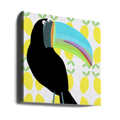 Tropical Toucan Bird with Lemon Pattern Background by Carla Daly - Square Stretched Canvas, Poster or Fine Art Print I Heart Wall Art