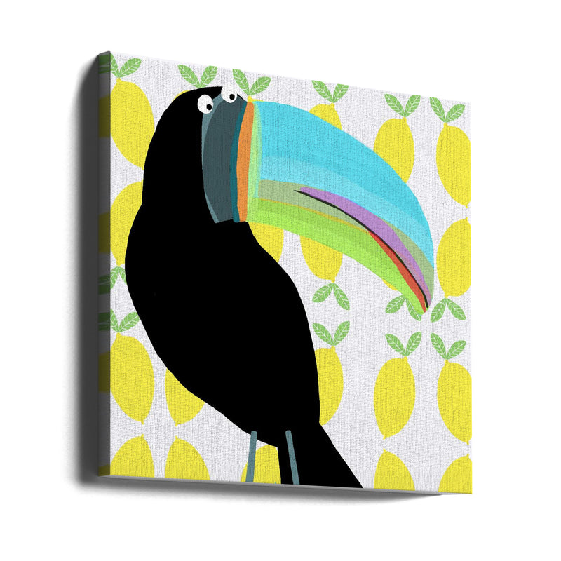 Tropical Toucan Bird with Lemon Pattern Background by Carla Daly - Square Stretched Canvas, Poster or Fine Art Print I Heart Wall Art