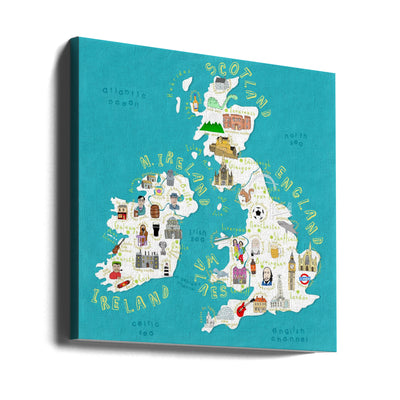 Map of UK and Ireland with Country Icons by Artist Carla Daly - Square Stretched Canvas, Poster or Fine Art Print I Heart Wall Art