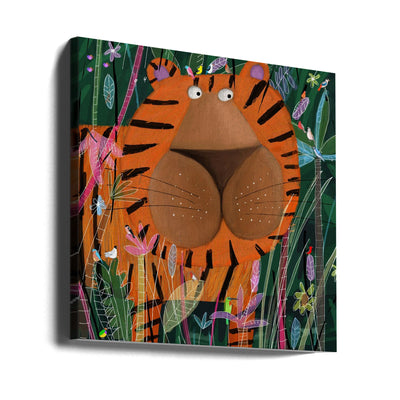 Cute Tiger Peeking Out of the Jungle by Artist Carla Daly - Square Stretched Canvas, Poster or Fine Art Print I Heart Wall Art