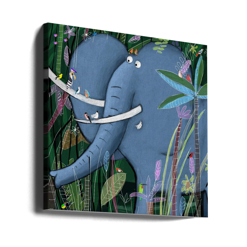 Large Elephant Peeks Out of the Jungle by Artist Carla Daly - Square Stretched Canvas, Poster or Fine Art Print I Heart Wall Art