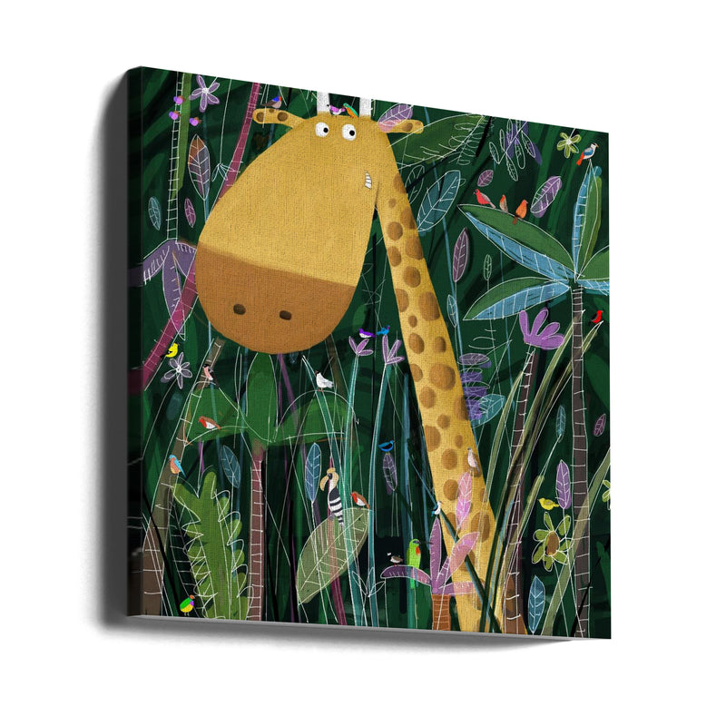 Cute Giraffe Peeks Out of the Jungle by Artist Carla Daly - Square Stretched Canvas, Poster or Fine Art Print I Heart Wall Art