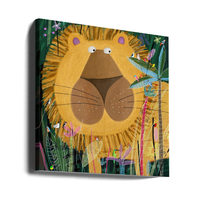 Large Lion Peeks Out of the Jungle Foliage by Artist Carla Daly - Square Stretched Canvas, Poster or Fine Art Print I Heart Wall Art