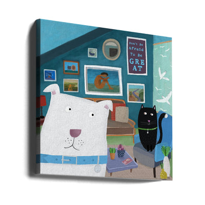 Cute White Dog with Black Cat in Designer Interior - Square Stretched Canvas, Poster or Fine Art Print I Heart Wall Art