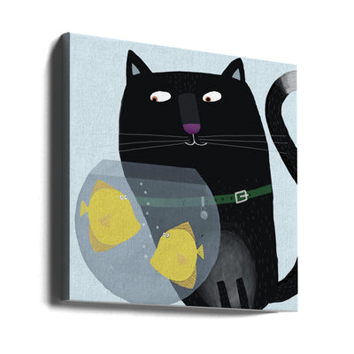 Black Cat Eyeing Up Yellow Fish in fish Bowl by Artist Carla Daly - Square Stretched Canvas, Poster or Fine Art Print I Heart Wall Art