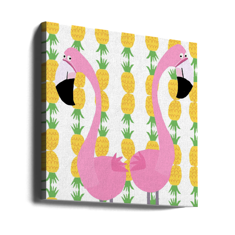 Two Falmingos with Pineapples by Artist Carla Daly - Square Stretched Canvas, Poster or Fine Art Print I Heart Wall Art