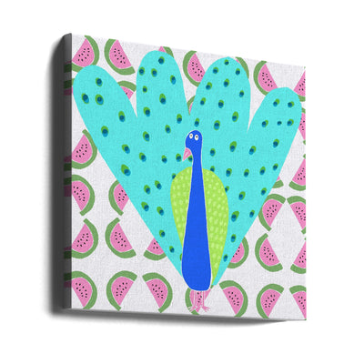 Electric Peacock with Watermelon Pattern by Artist Carla Daly - Square Stretched Canvas, Poster or Fine Art Print I Heart Wall Art