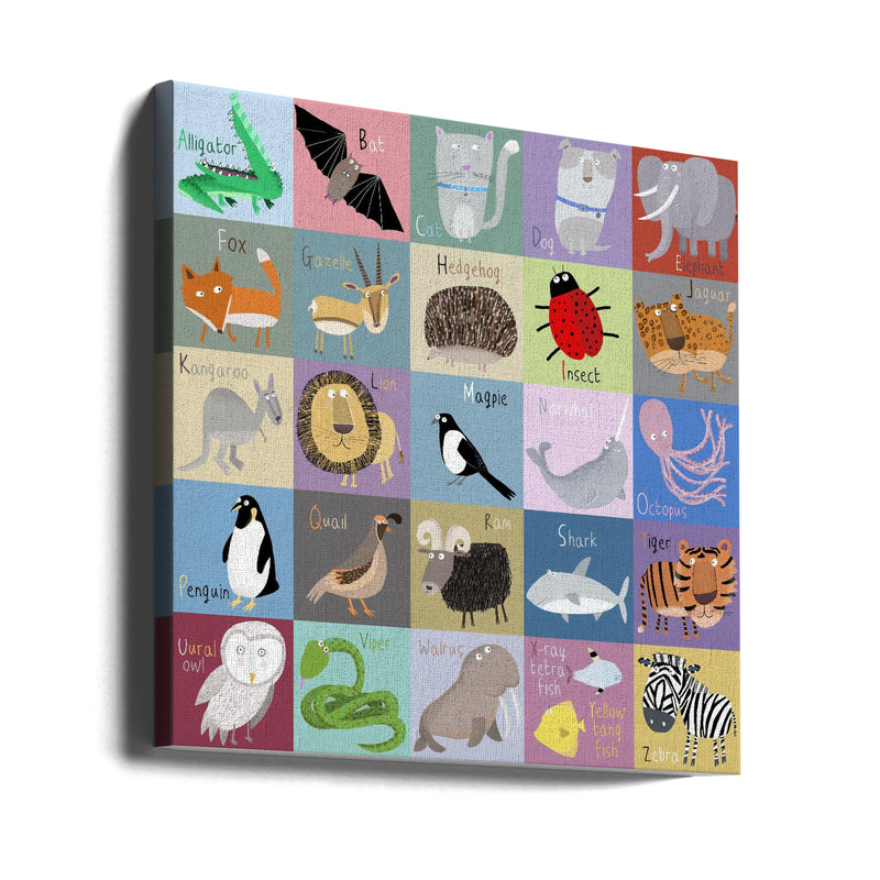 Colorful Chequered Animal Alphabet by Artist Carla Daly - Square Stretched Canvas, Poster or Fine Art Print I Heart Wall Art