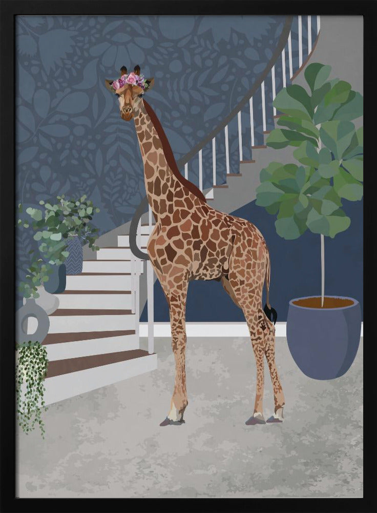 Giraffe by the stairs - Stretched Canvas, Poster or Fine Art Print I Heart Wall Art