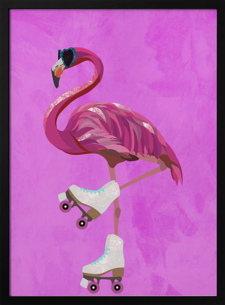 Pink Flamingo Roller Skating - Stretched Canvas, Poster or Fine Art Print I Heart Wall Art