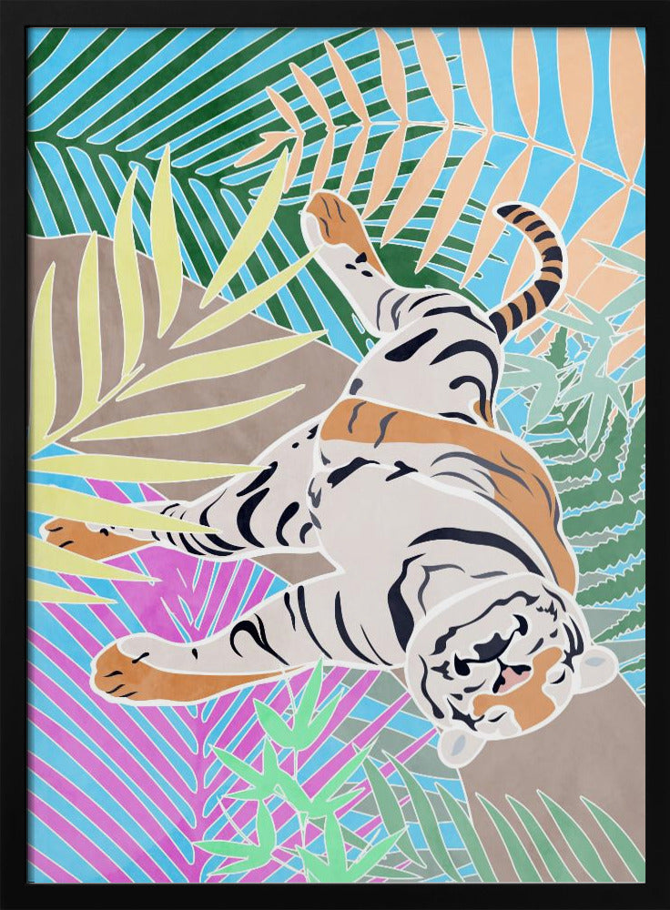 Tiger Sleepling in colourful jungle - Stretched Canvas, Poster or Fine Art Print I Heart Wall Art