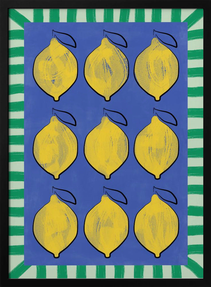 Vibrant Yellow Lemons on a Deep Blue - Stretched Canvas, Poster or Fine Art Print I Heart Wall Art
