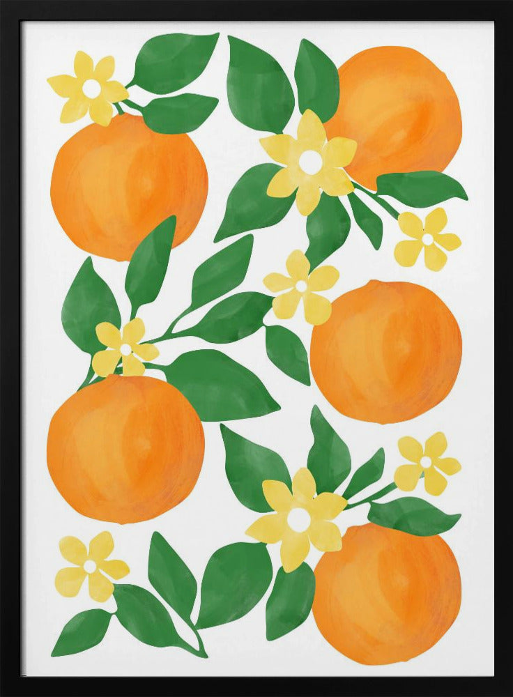 Oranges with Green Leaves and Delicate Yellow Flowers - Stretched Canvas, Poster or Fine Art Print I Heart Wall Art