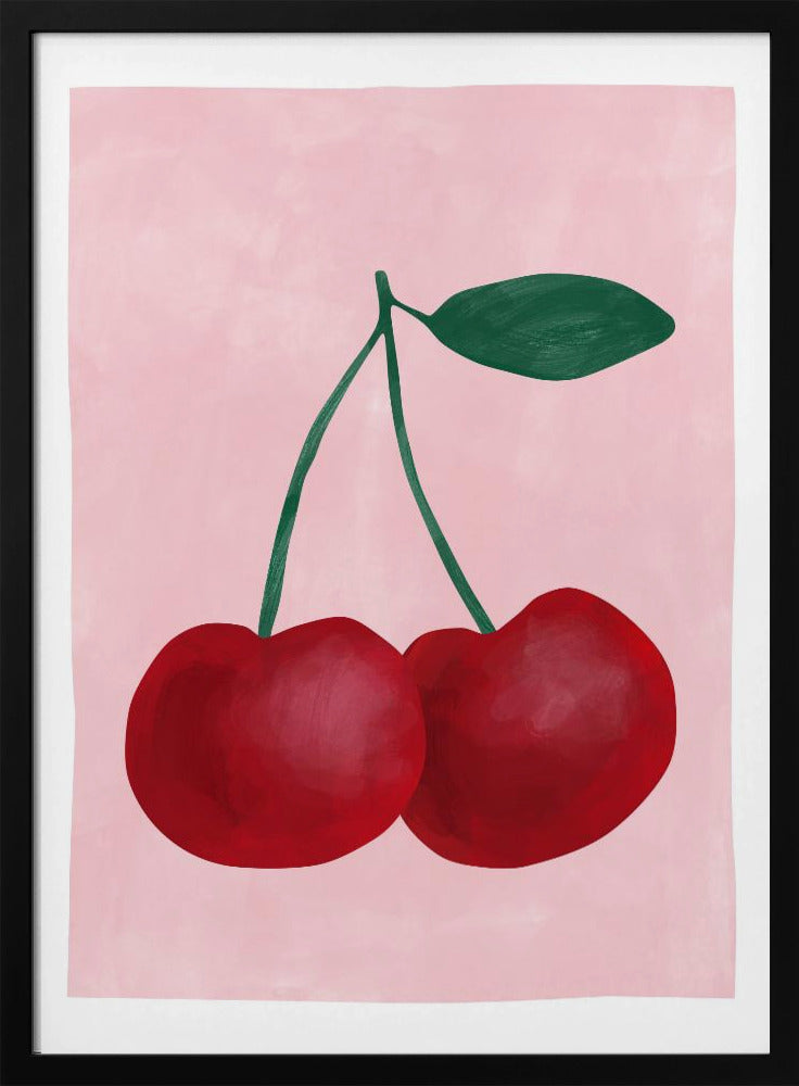 Red Cherries with a Green Leaf - Stretched Canvas, Poster or Fine Art Print I Heart Wall Art