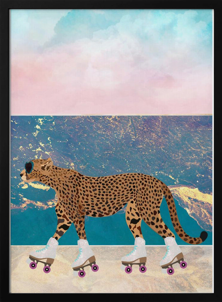 Cheetah Rollerskating on the beach - Stretched Canvas, Poster or Fine Art Print I Heart Wall Art