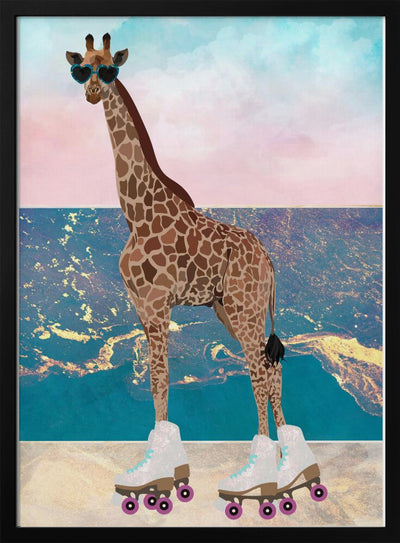 Giraffe On Holiday rollerskating - Stretched Canvas, Poster or Fine Art Print I Heart Wall Art