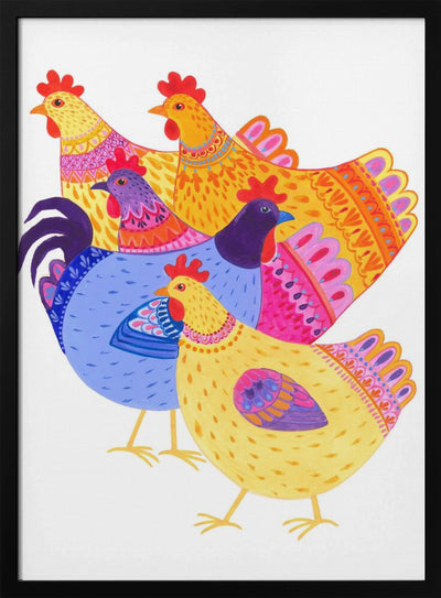 Colour Hens and Cockerel - Stretched Canvas, Poster or Fine Art Print I Heart Wall Art