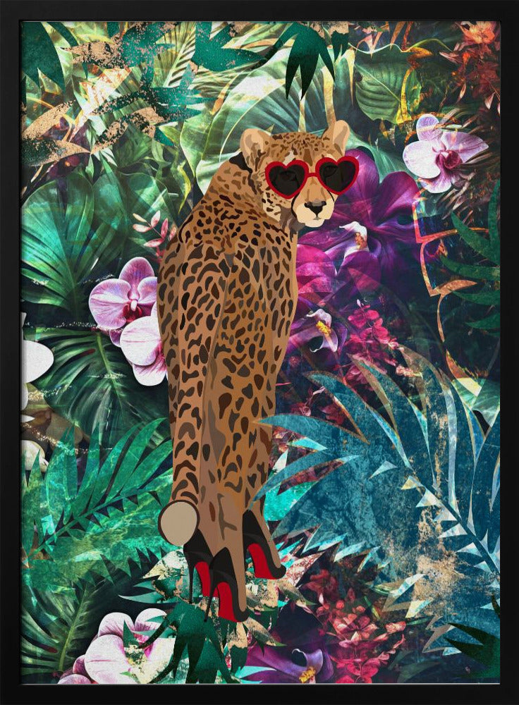 Tropical Floral Jungle - Cheetah in heels 2 - Stretched Canvas, Poster or Fine Art Print I Heart Wall Art