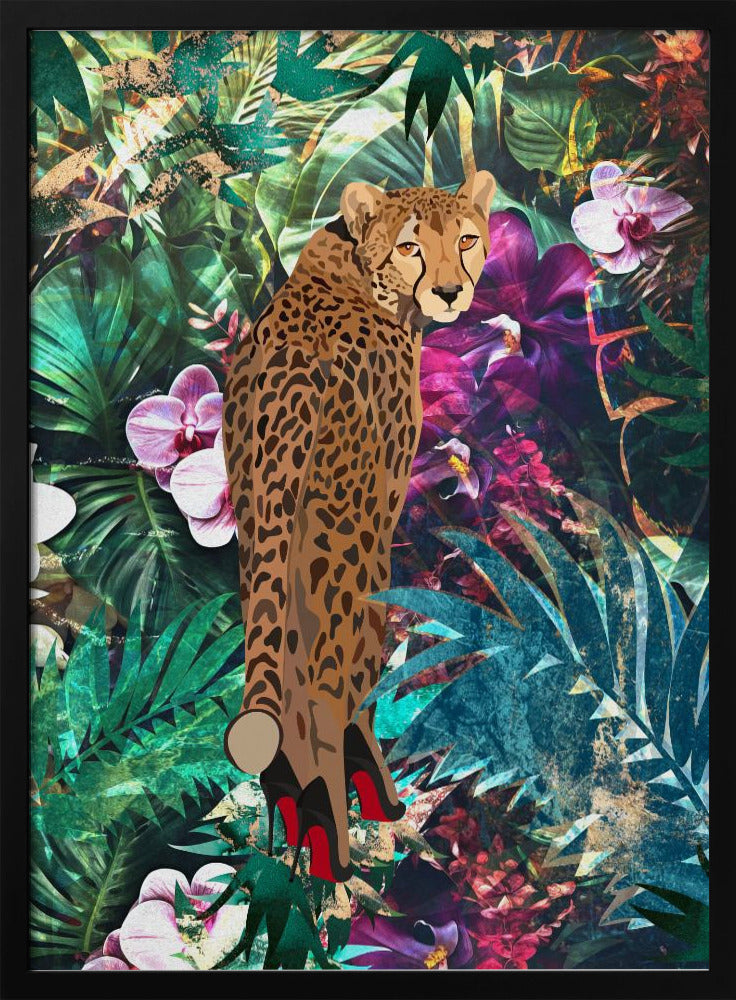 Tropical Floral Jungle - Cheetah in heels - Stretched Canvas, Poster or Fine Art Print I Heart Wall Art