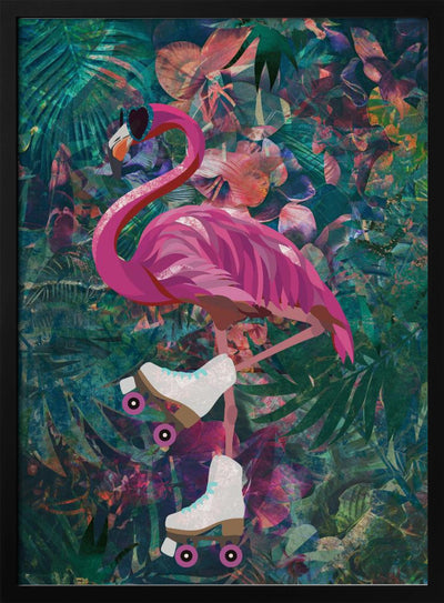 Tropical Floral Jungle - FLamingo rollerskating - Stretched Canvas, Poster or Fine Art Print I Heart Wall Art