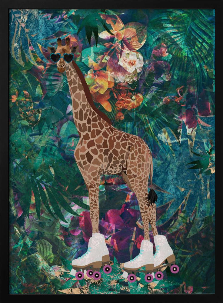 Tropical Floral Jungle - Giraffe rollerskating - Stretched Canvas, Poster or Fine Art Print I Heart Wall Art