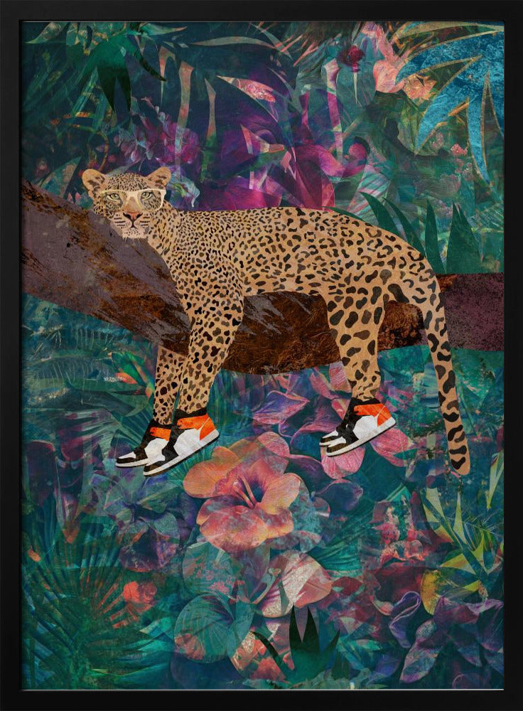 Tropical Floral Jungle - Leopard wearing shoes - Stretched Canvas, Poster or Fine Art Print I Heart Wall Art