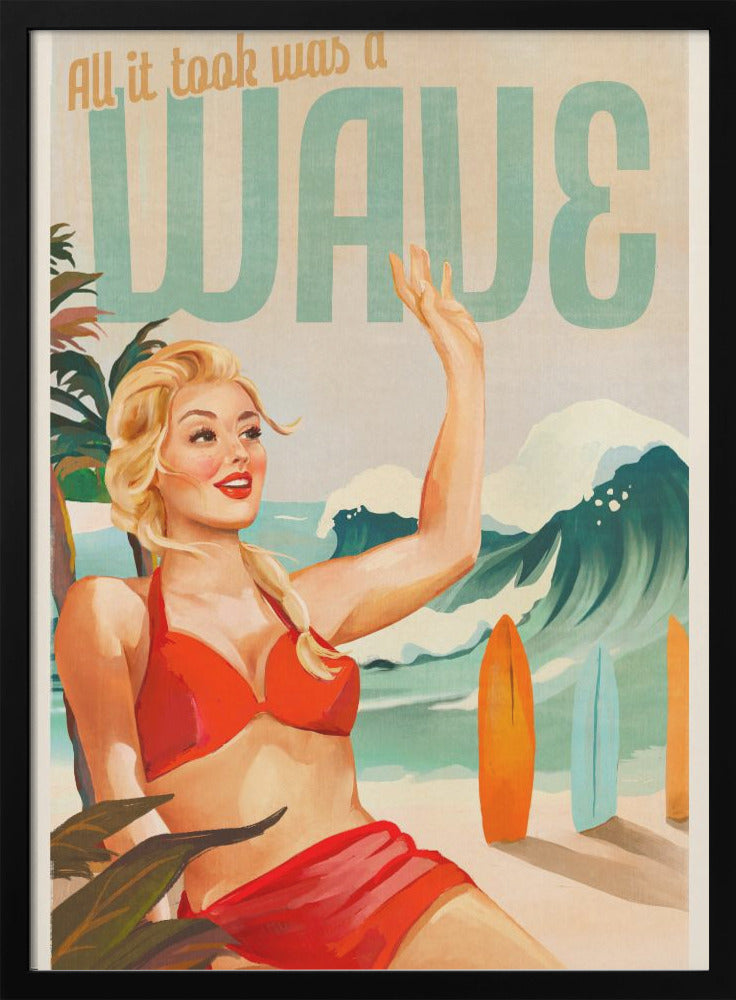 Surfing Pinup Girl On Beach In Bikini - Stretched Canvas, Poster or Fine Art Print I Heart Wall Art