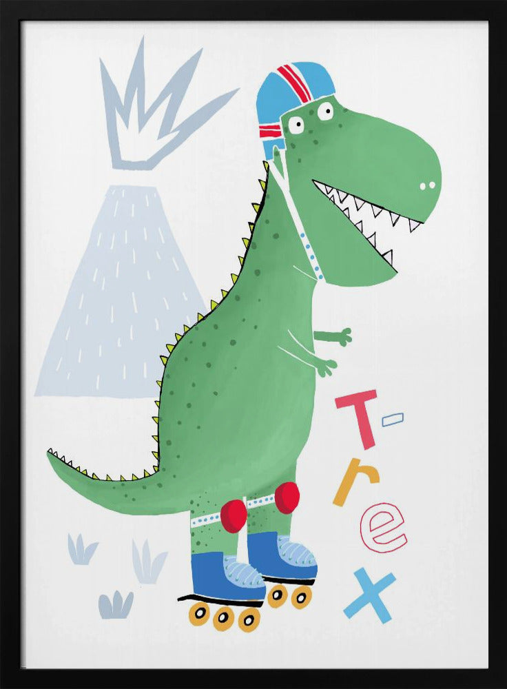 Funny T-Rex on Rollerblades with Volcano by Artist Carla Daly - Stretched Canvas, Poster or Fine Art Print I Heart Wall Art