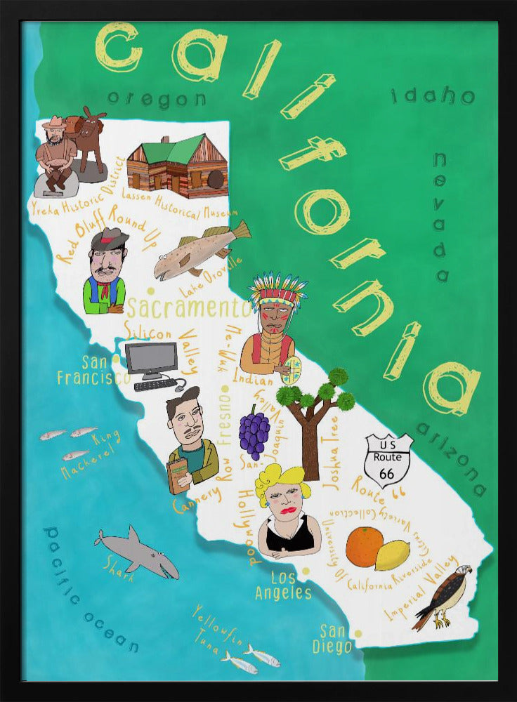 Illustrated Map of California with Ocean by Carla Daly - Stretched Canvas, Poster or Fine Art Print I Heart Wall Art