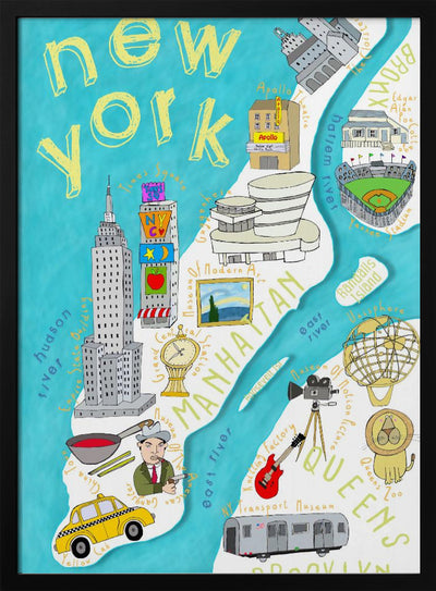 Brightly Colored Illustrated Map of New York by Map Artist Carla Daly - Stretched Canvas, Poster or Fine Art Print I Heart Wall Art