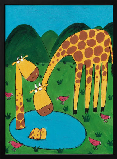 Mommy with Baby Giraffe in a Watering Hole by Artist Carla Daly - Stretched Canvas, Poster or Fine Art Print I Heart Wall Art