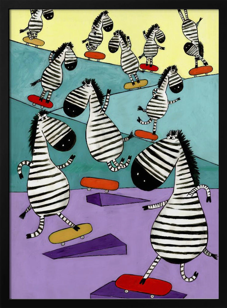 Hilarious Zebras in the Skatepark by Artist Carla Daly - Stretched Canvas, Poster or Fine Art Print I Heart Wall Art