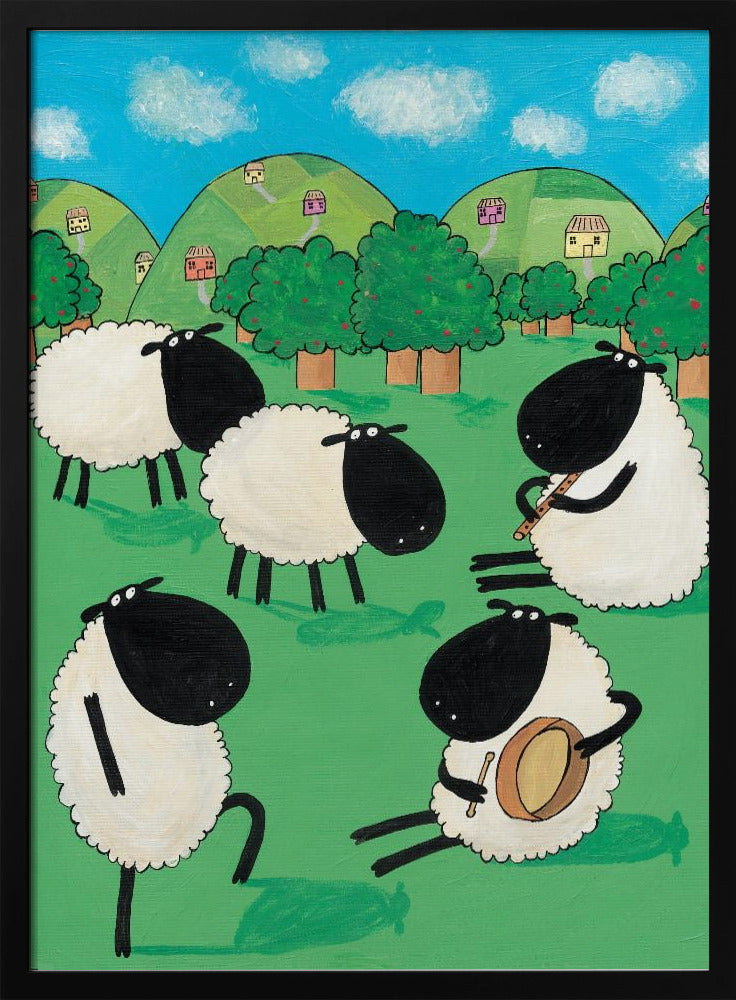 Funny Sheep Dancing in a Green Field by Artist Carla Daly - Stretched Canvas, Poster or Fine Art Print I Heart Wall Art