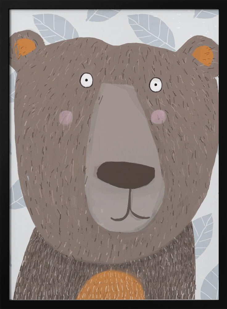 Cute Brown Bear with Grey Leaf Pattern by Artist Carla - Stretched Canvas, Poster or Fine Art Print I Heart Wall Art