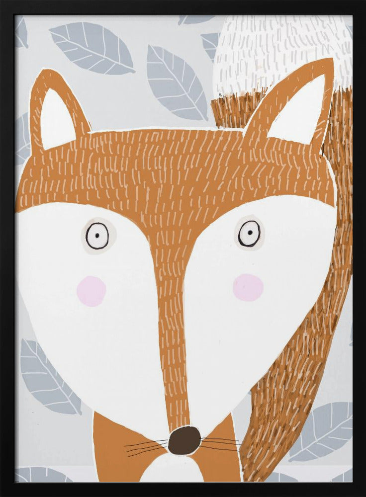 Cute Red Fox with Grey Leaf Pattern by Artist Carla Daly - Stretched Canvas, Poster or Fine Art Print I Heart Wall Art