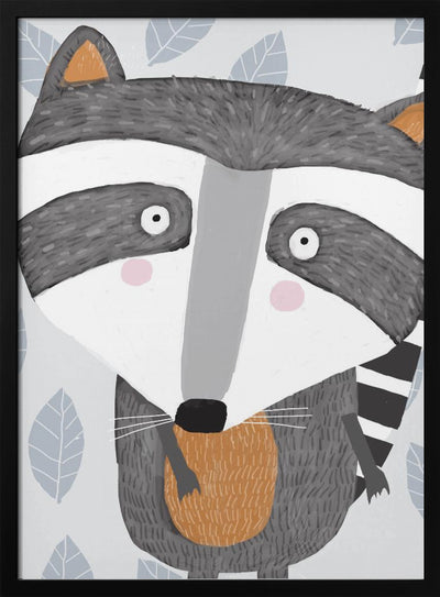 Cute Raccoon with Grey Leaf Pattern by Artist Carla Daly - Stretched Canvas, Poster or Fine Art Print I Heart Wall Art