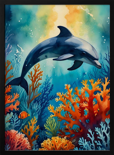 Graceful Dolphin In Coral Paradise - Stretched Canvas, Poster or Fine Art Print I Heart Wall Art