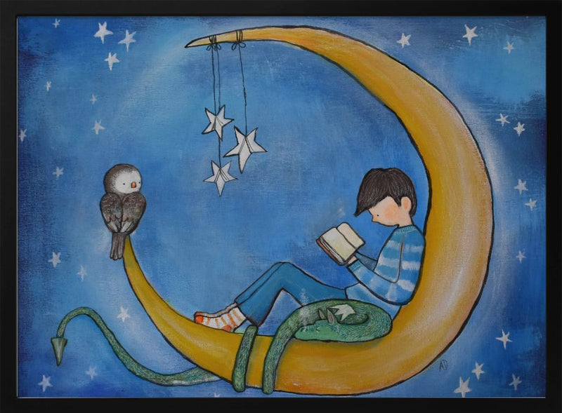 Boyreadingonmoon - Stretched Canvas, Poster or Fine Art Print I Heart Wall Art