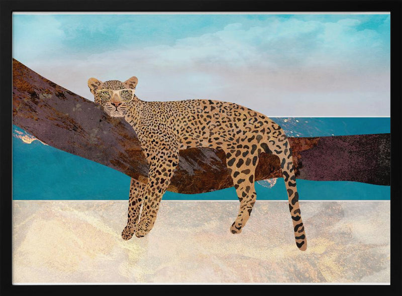 Leopard lying on beach landscape - Stretched Canvas, Poster or Fine Art Print I Heart Wall Art