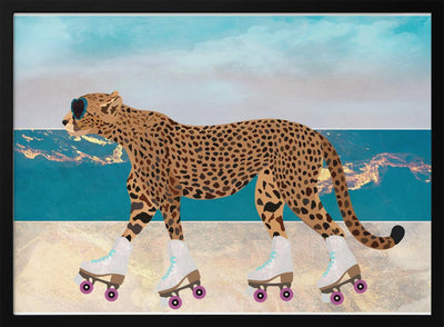 Cheetah Rollerskating Landscape Beach 01 - Stretched Canvas, Poster or Fine Art Print I Heart Wall Art