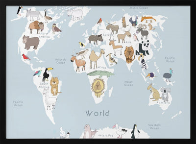 Illustrated Map of the World with Cute Animals - Stretched Canvas, Poster or Fine Art Print I Heart Wall Art