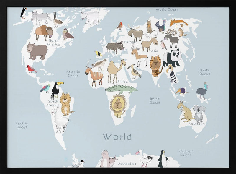 Illustrated Map of the World with Cute Animals - Stretched Canvas, Poster or Fine Art Print I Heart Wall Art