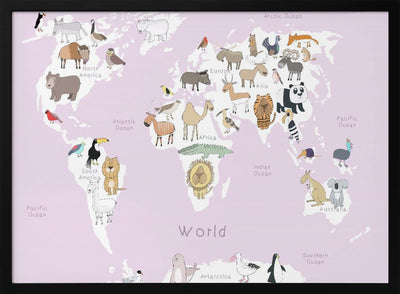 Illustrated Map of the World with Cute Animals - Stretched Canvas, Poster or Fine Art Print I Heart Wall Art