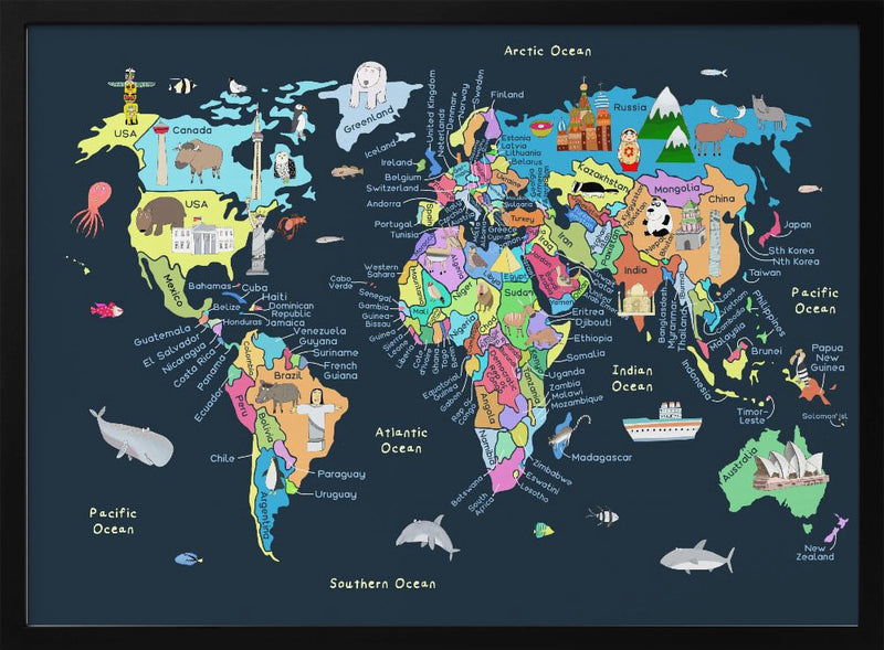 Educational Illustrated Map of the World for Kids - Stretched Canvas, Poster or Fine Art Print I Heart Wall Art